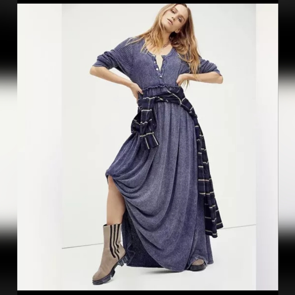 Free People Marissa Henley Waffle Knit Blue  Thermal Maxi Dress Boho XS S